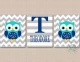Owls Nursery Wall Art Navy Blue Gray Teal Owls Boy Nursery Decor Chevron Stripes Name Monogram Twins Shower Gift C805-Sweet Blooms Decor