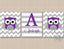 Owls Nursery Wall Art Nursery Decor Purple Gray Chevron Baby Girl Boy Neutral Name Monogram Baby Shower Gift Twins  C617