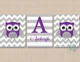 Owls Nursery Wall Art Nursery Decor Purple Gray Chevron Baby Girl Boy Neutral Name Monogram Baby Shower Gift Twins C617-Sweet Blooms Decor