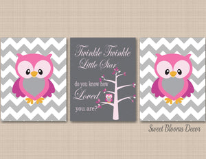 Owls Nursery Wall Art Pink Gray Chevron Baby Girl Bedroom Decor Twinkle Little Star OWl Always Love You SHower Gift C231-Sweet Blooms Decor