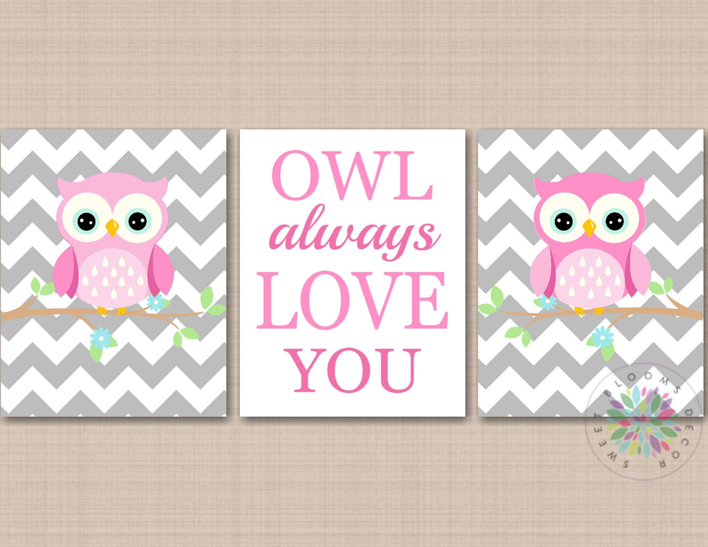 Owls Nursery Wall Art Pink Gray Owls Nursery Wall Art Owl Always Love You Decor Gray Chevrom C640-Sweet Blooms Decor