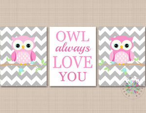 Owls Nursery Wall Art Pink Gray Owls Nursery Wall Art Owl Always Love You Decor Gray Chevrom C640-Sweet Blooms Decor