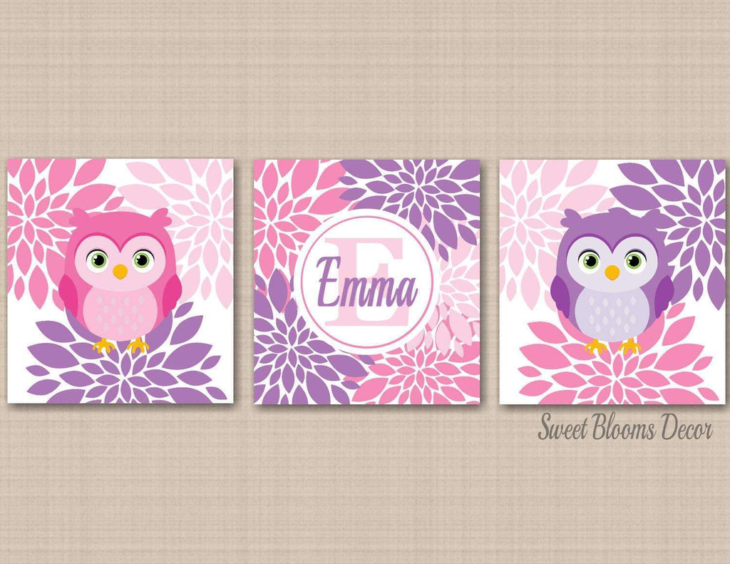 Owls Nursery Wall Art Pink Lavender Purple Owls Baby Girl BEdroom Decor Name Monogram Baby Shower Gift Bathroom Decor-Sweet Blooms Decor