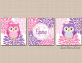 Owls Nursery Wall Art Pink Lavender Purple Owls Baby Girl BEdroom Decor Name Monogram Baby Shower Gift Bathroom Decor-Sweet Blooms Decor