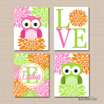 Owls Nursery Wall Art Pink Lime Green Orange Owl Nursery Wall Decor Girl Bedroom Decor Love Name Monogram Flowers C635-Sweet Blooms Decor