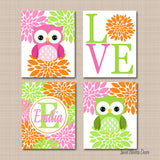 Owls Nursery Wall Art Pink Lime Green Orange Owl Nursery Wall Decor Girl Bedroom Decor Love Name Monogram Flowers C635-Sweet Blooms Decor