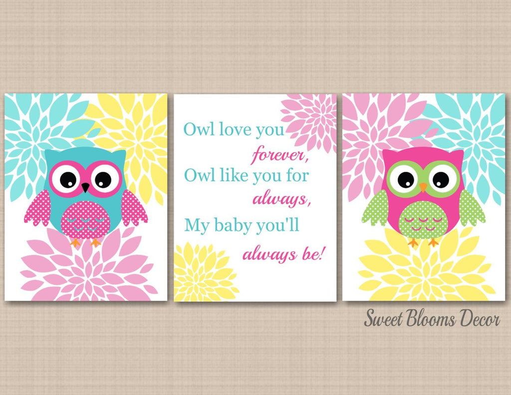 Owls Nursery Wall Art PinkTeal Yellow Floral Flowers Baby Girl Bedroom Decor Owl Love You Forever Always Name C350-Sweet Blooms Decor