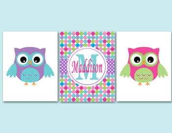 Owls Nursery Wall Art Polkadots Purple Pink Teal Green Polka dots Name Monogram BAby BEdroom Decor Bathroom Decor C209-Sweet Blooms Decor