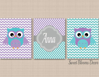 Owls Nursery Wall Art Purple Leavner Teal Aqua Gray Baby Girl Bedroom Decor Chevron Ploka Dots Name Monogram Polkadots C235-Sweet Blooms Decor