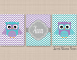 Owls Nursery Wall Art Purple Leavner Teal Aqua Gray Baby Girl Bedroom Decor Chevron Ploka Dots Name Monogram Polkadots C235-Sweet Blooms Decor