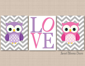 Owls Nursery Wall Art Purple Pink Lavender Chevron Love Girl Bedroom Decor Bathroom Wall Art UNFRAMED 3 C351-Sweet Blooms Decor