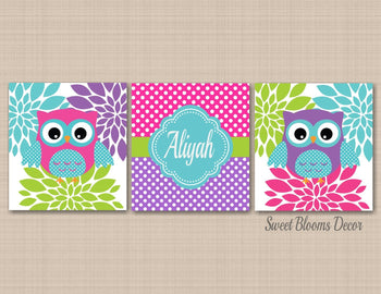 Owls Nursery Wall Art Purple Pink Teal Lime Green Flowers Floral Polka dots Name Monogram Girl Bedroom Decor Bathroom C427-Sweet Blooms Decor