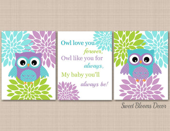 Owls Nursery Wall Art Teal Puple Lime Green Floral flowers Owl Love You Forever Baby Girl Bedroom Decor C237-Sweet Blooms Decor
