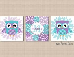 Owls Nursery Wall Art Teal Purple Lavender Flowers Floral Owl Baby Girl Bedroom Decor Name Monogram Baby Shower Gift-Sweet Blooms Decor