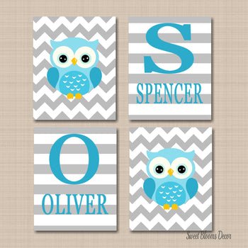 Owls Nursery Wall Art Twins Brothers Nursery Decor Blue Gray Chevron Stripes Baby Boy Bedroom Decor BAby Shower Gift C400-Sweet Blooms Decor