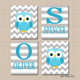Owls Nursery Wall Art Twins Brothers Nursery Decor Blue Gray Chevron Stripes Baby Boy Bedroom Decor BAby Shower Gift C400-Sweet Blooms Decor