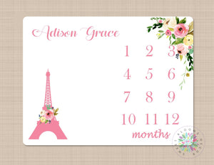 Paris Milestone Blanket Eiffel Tower Pink Flowers Monthly Growth Tracker Personalized Newborn Baby Girl Shower Gift Nursery Bedding B377