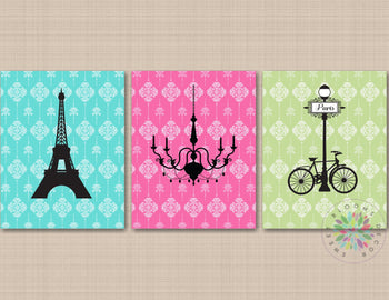 Paris Wall Art Paris Girl Bedroom Decor Eiffel Tower Chandelier Wall Art Paris Bedroom Decor Poodle Pink Green Teal C623-Sweet Blooms Decor