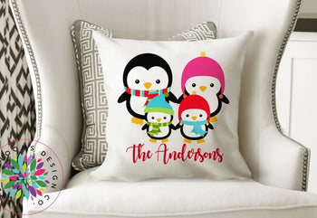 Penguin Christmas Throw Pillow Penguin Family Christmas Pillow Family Name Decorative Pillow Holiday Gift P149-Sweet Blooms Decor