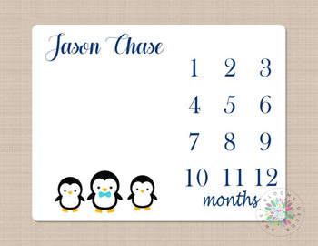 Penguin Milestone Blanket Penguin Baby Blanket Monthly Growth Tracker New Born Monogram Blanket Navy Blue Monthly Tracker Name Shower B235-Sweet Blooms Decor