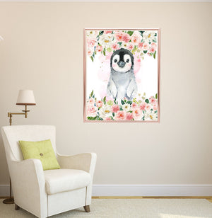 Penguins Blush Pink Coral Floral Nursery Wall Art CANVAS C945