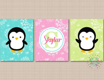 Penguins Nursery Wall Art Penguins Kids Room Decor Penguins Pink Teal Green Girl Bedroom Name Monogram Decor Bathroom C634-Sweet Blooms Decor
