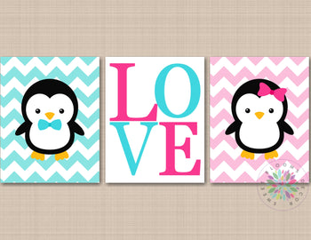 Penguins Nursery Wall Art Penguins Kids Room Decor Wall Art Penguins Pink Teal Blue Love Bedroom Decor Bathroom C634-Sweet Blooms Decor