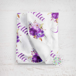Personalized Baby Blanket Girl Name Blanket Purple Floral Flowers Nursery Custom Bedding Baby Shower Gift Swaddle Fleece Minky   B326