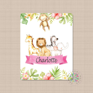 Personalized Baby Blanket Girl Name Blanket Safari Animals Tropical Nursery Custom Bedding Baby Shower Gift Swaddle Fleece Minky  B559