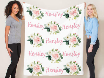 Personalized Baby Girl Floral Name Blanket Blush Pink Coral Flowers Newborn Monogram Shower Gift Custom Swaddle Receiving Blanket 724