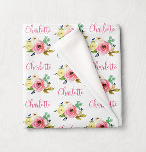 Personalized Baby Girl Floral Name Blanket Blush Pink Coral Mint Watercolor Flowers Baby Shower Gift Swaddle Fleede Minky B1028