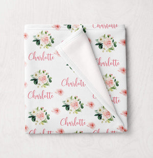 Personalized Baby Girl Floral Name Blanket Blush Pink Coral Watercolor Flowers Baby Shower Gift Monogram Swaddle B1027