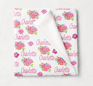 Personalized Baby Girl Floral Name Blanket Pink Purple Flowers Baby Shower Gift B1023