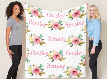 Personalized Baby Girl Floral Name Blanket Watercolor Pink Flowers Monogram Baby Shower Gift Custom Newborn Swaddle  Receiving Blanket 578