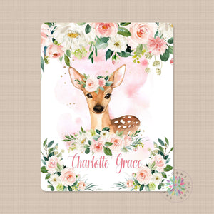 Personalized Baby Girl Name Blanket Deer Coral Blush Pink Floral Newborn Baby Girl Monogram Flowers Baby Shower Gift Bedding B676
