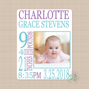 Personalized Baby Girl Photo Name Blanket Birth Announcenent Blanket Purple Teal Birth Stats Baby Shower Gift Nursery Bedding Decor B572