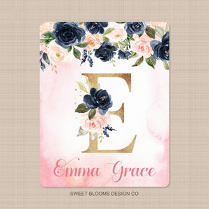 Personalized Blanket Girl Coral Blush Pink Gold Navy Floral Newborn Baby Girl Personalized Name Flowers Baby Shower Gift Bedding B818