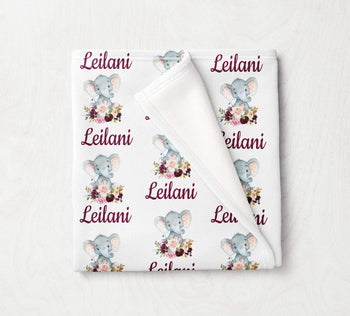 Personalized Elephant Baby Girl Floral Name Blanket Blush Pink Burgundy Red Flowers Baby Shower Gift B1039