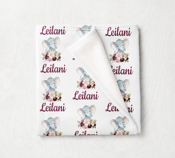 Personalized Elephant Baby Girl Floral Name Blanket Blush Pink Burgundy Red Flowers Baby Shower Gift B1039