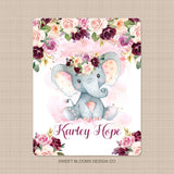 Personalized Elephant Floral Girl Name Blanket Blush Pink Purple Magenta Burgundy Red Maroon Watercolor Flowers Wreath BabyShower Gift B967