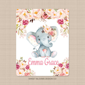 Personalized Elephants Baby Girl Name Blanket Watercolor Coral Blush Pink Peach Floral Monogram Flowers Baby Shower Gift Bedding B911