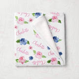 Personalized Floral Baby Girl Name Blanket Pink Navy Blue Watercolor Flowers Baby Shower Gift Swaddle Blanket B1090