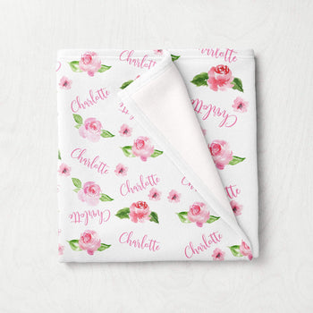 Personalized Floral Baby Girl Name Blanket Pink Watercolor Flowers Baby Shower Gift Swaddle Blanket B1089