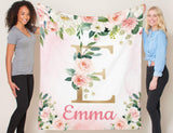 Personalized Girl Name Blanket Floral Blush Pink Coral Gold Watercolor Flowers Monogram Flowers Baby Shower Gift Newborn Girl Bedding B746