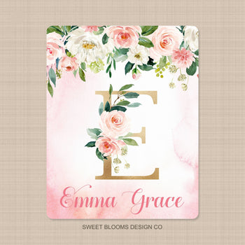 Personalized Girl Name Blanket Watercolor Coral Blush Pink Gold Floral Newborn Baby Girl Monogram Flowers Baby Shower Gift Bedding B817
