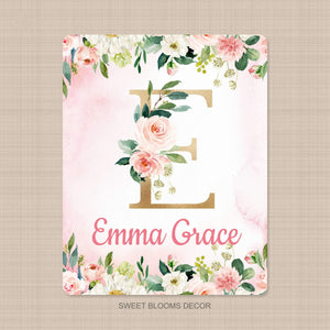 Personalized Girl Name Monogram Blanket Floral Blush Pink Coral Gold Watercolor Flowers Baby Shower Gift Newborn Girl Bedding B1047