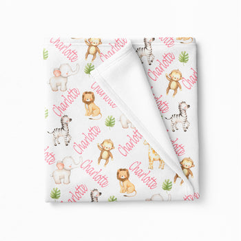 Personalized Safari Animals Baby Girl Name Blanket N101