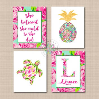 Pineappe Turtle Watercolor Floral Girl Bedroom Decor She Believed She Could So She Did Name Monogram C700-Sweet Blooms Decor