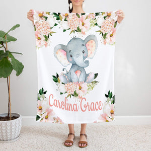 Pink Floral Elephant Name Blanket Blush Pink Coral Watercolor Flowers Baby Girl Shower Gift Nursery Crib Bedding Todler Birthday Gift B1175