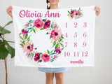 Pink Floral Milestone Blanket, Baby Girl Month Blanket, Baby Girl Milestone Blanket Track Growth Keepsake Baby Shower Gift  B1208